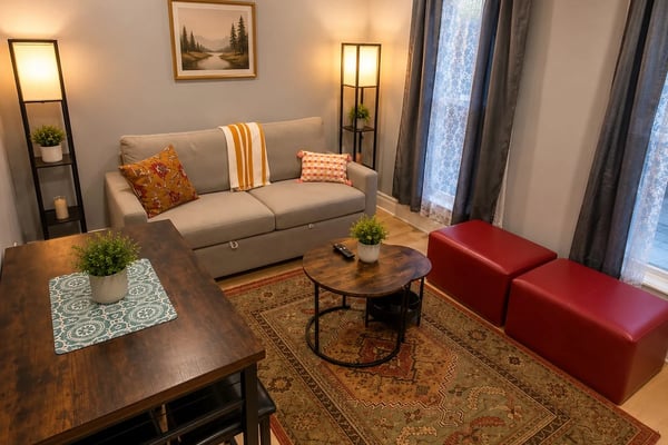 Open-plan living room with gray sofa, red ottoman, wood dining table, and patterned area rug